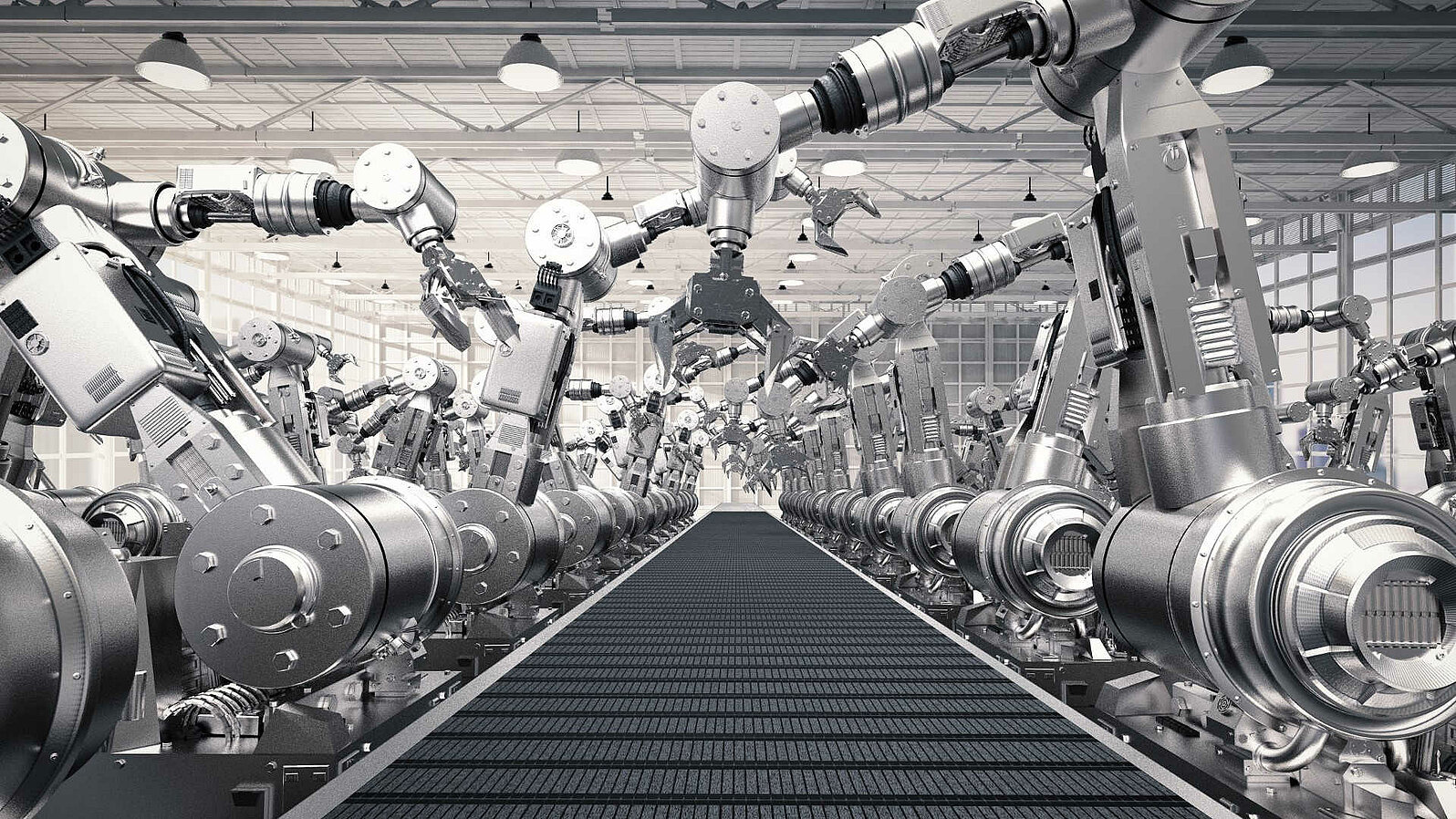Produktionsstraße mit vielen Roboterarmen.