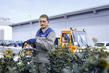 Ein Leadec-Mitarbeiter schneidet mit einer Kettensäge die Hecke auf dem Werksgelände.