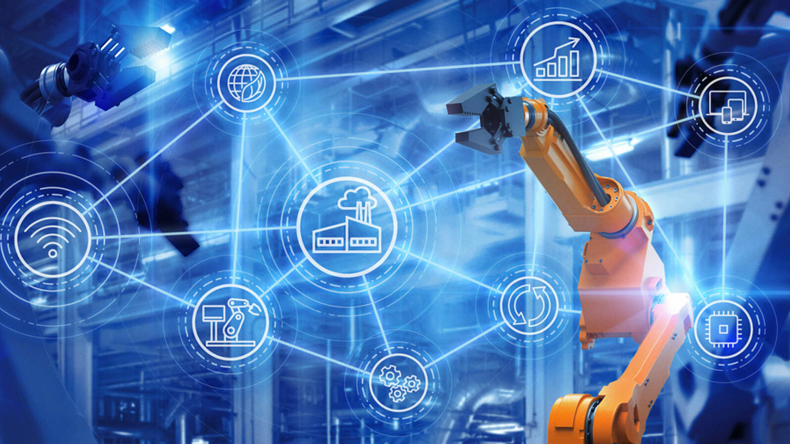 Visual representation of two robot arms with connected icons.