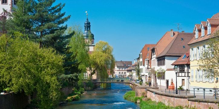 Cityscape by the river Alb in Ettlingen